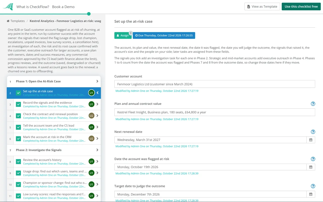 Live demo of the At-Risk Customer (Churn Prevention) Checklist in CheckFlow