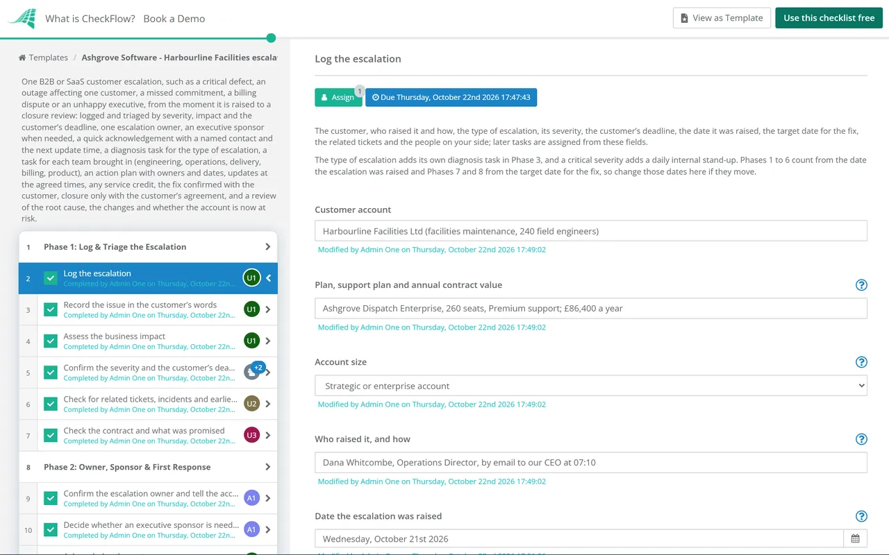 Live demo of the Customer Escalation Checklist in CheckFlow