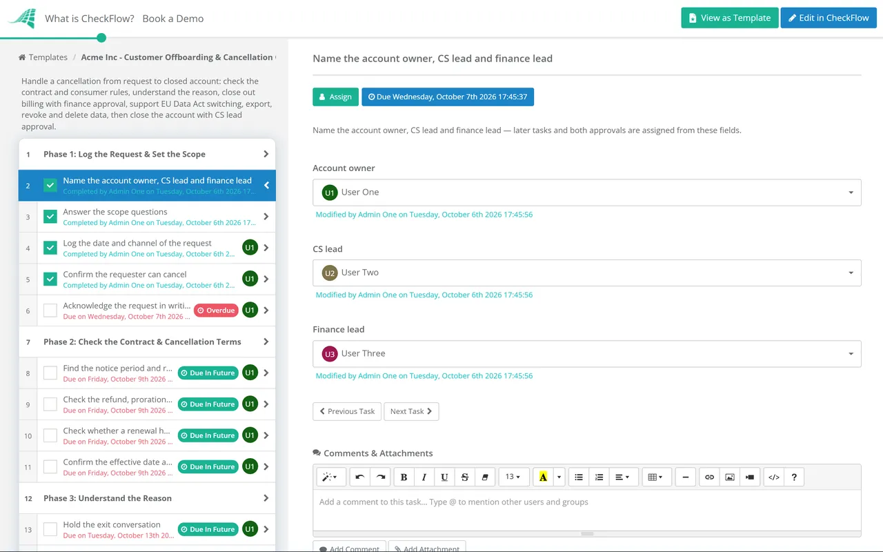 Live demo of the Customer Offboarding & Cancellation Checklist in CheckFlow