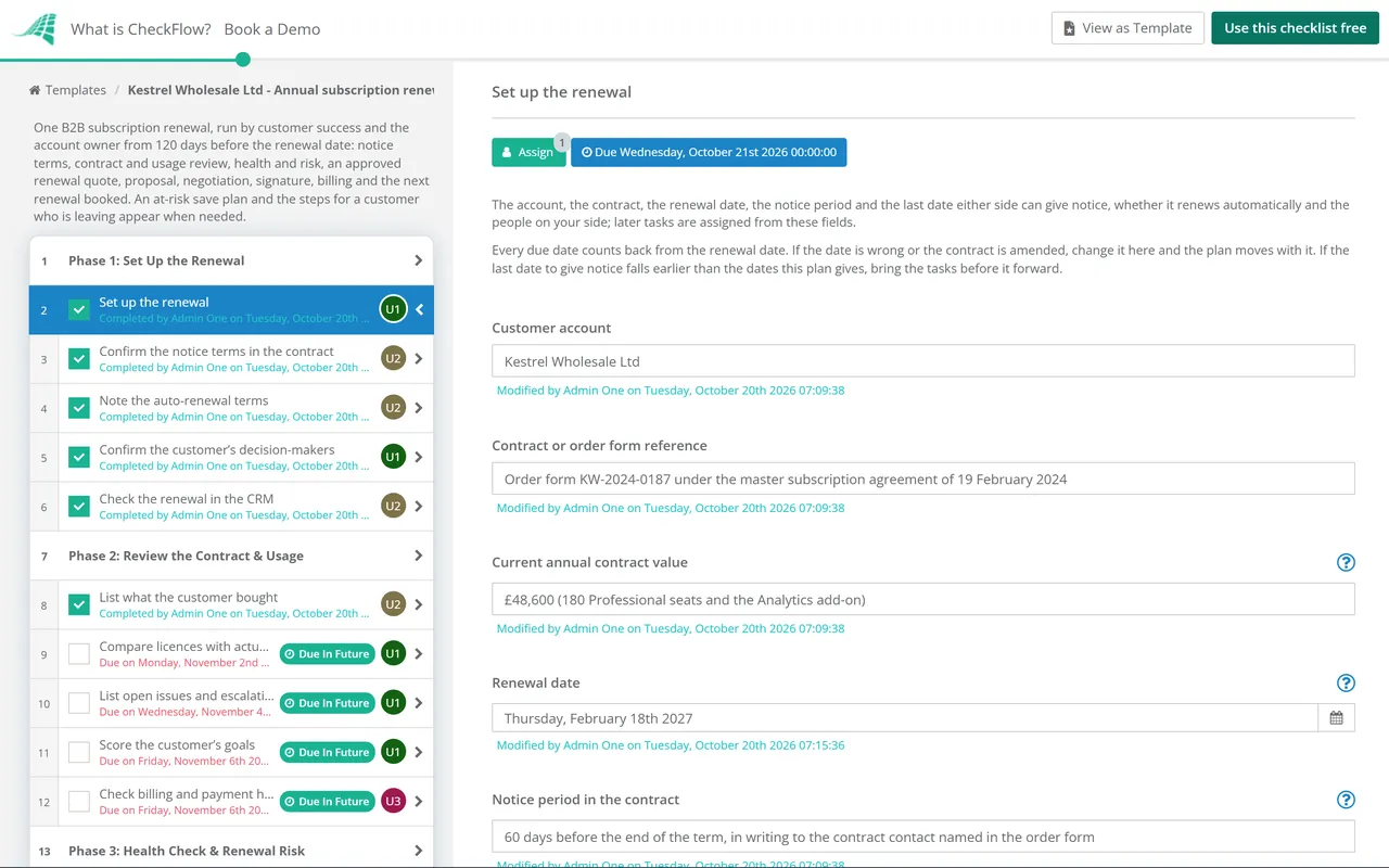 Live demo of the Customer Renewal Checklist in CheckFlow
