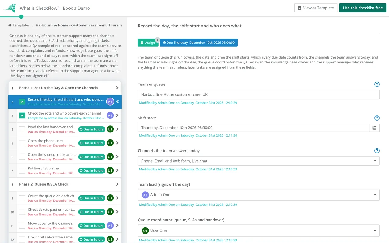 Live demo of the Customer Service Checklist in CheckFlow