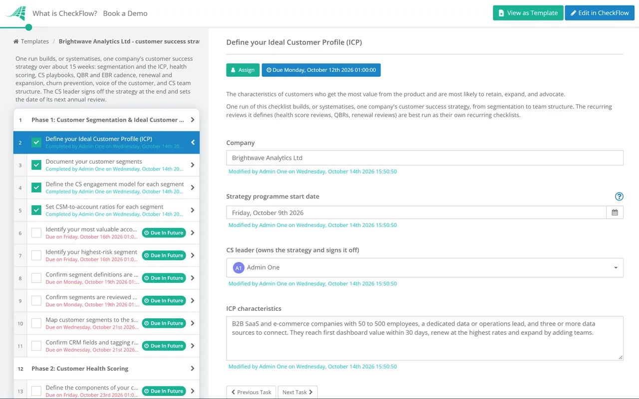 Live demo of the Customer Success Strategy Checklist in CheckFlow