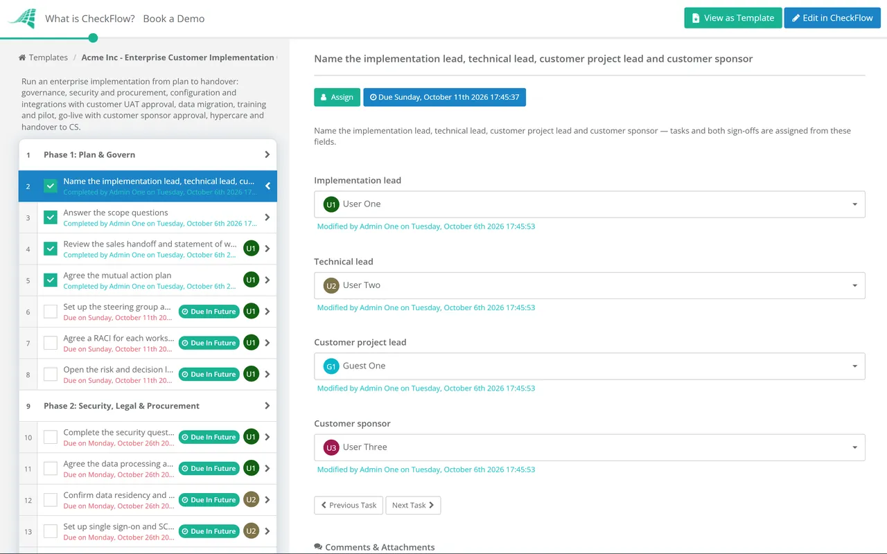 Live demo of the Enterprise Customer Implementation Checklist in CheckFlow