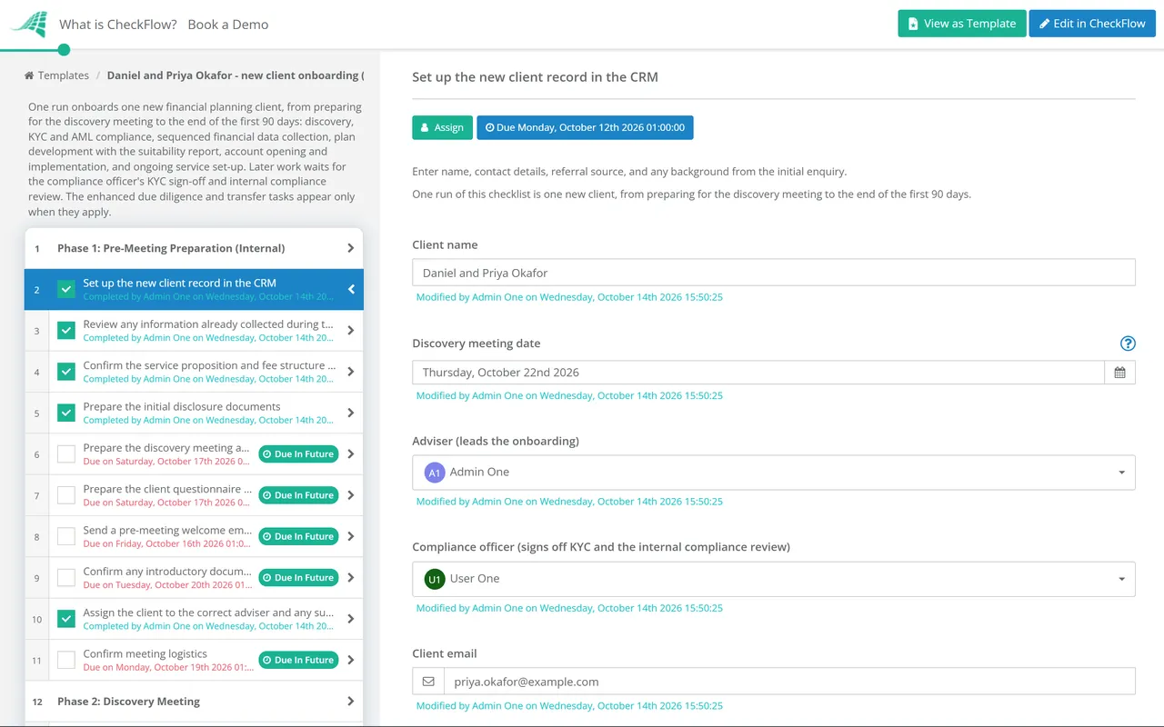 Live demo of the Financial Planner Client Onboarding Checklist in CheckFlow