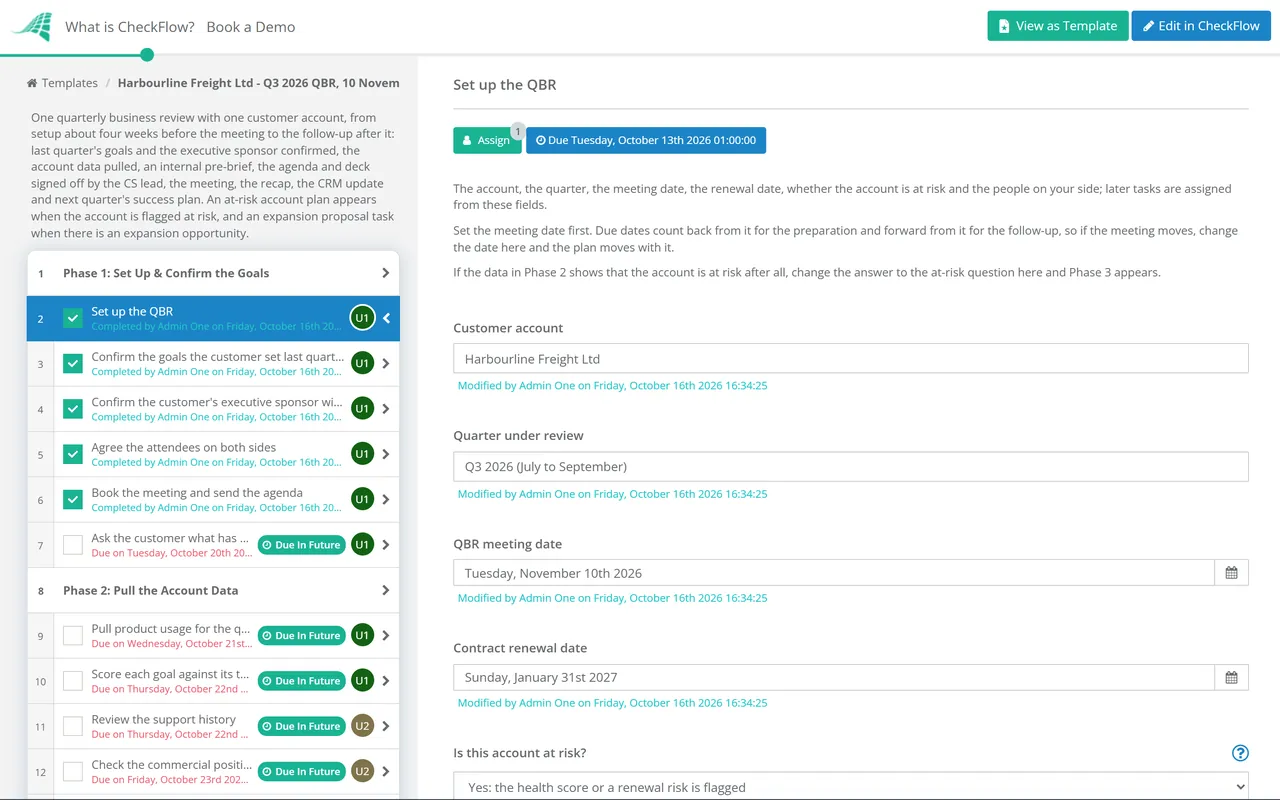 Live demo of the Quarterly Business Review (QBR) Checklist in CheckFlow