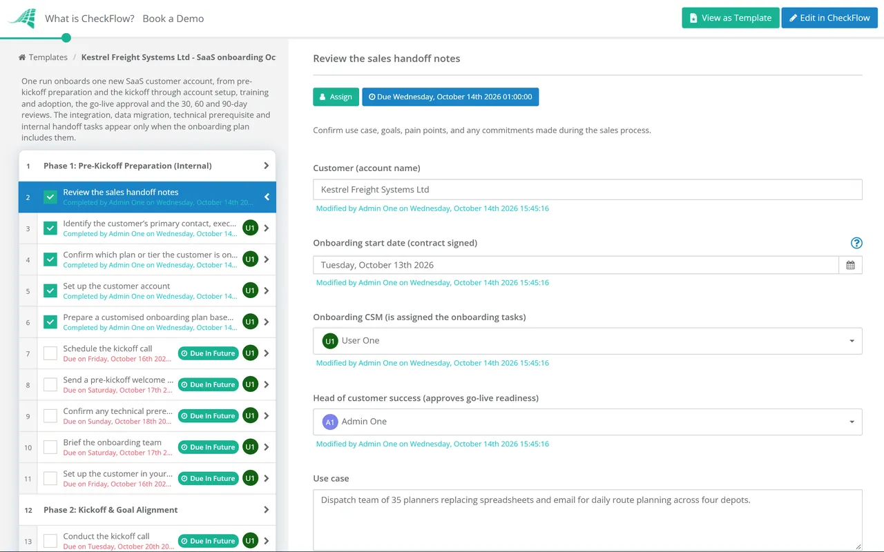 Live demo of the SaaS Customer Onboarding Checklist in CheckFlow