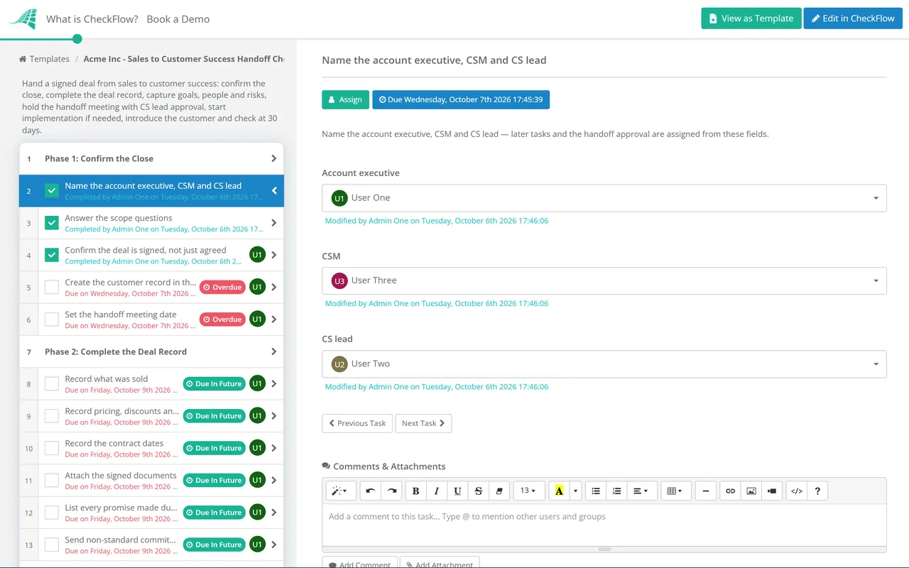 Live demo of the Sales to Customer Success Handoff Checklist in CheckFlow