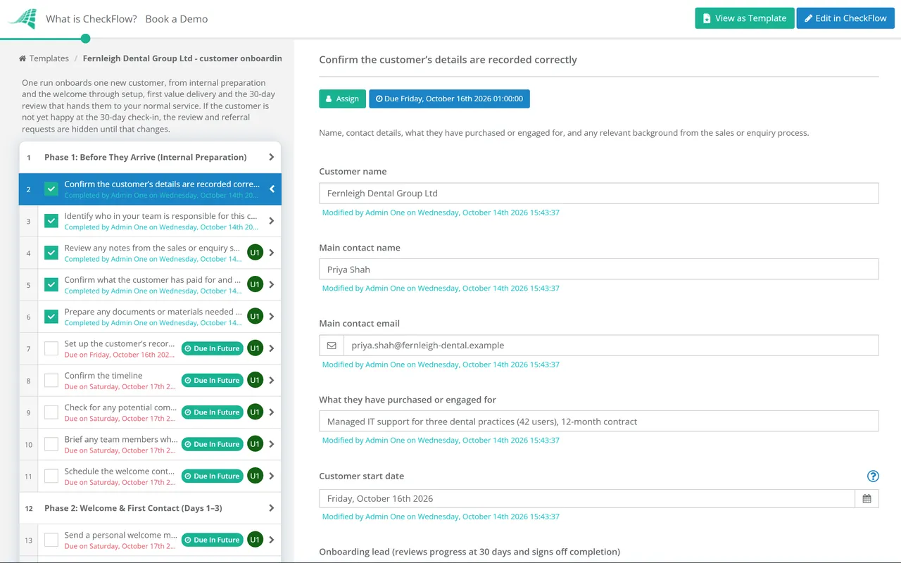 Live demo of the Simple Customer Onboarding Checklist in CheckFlow