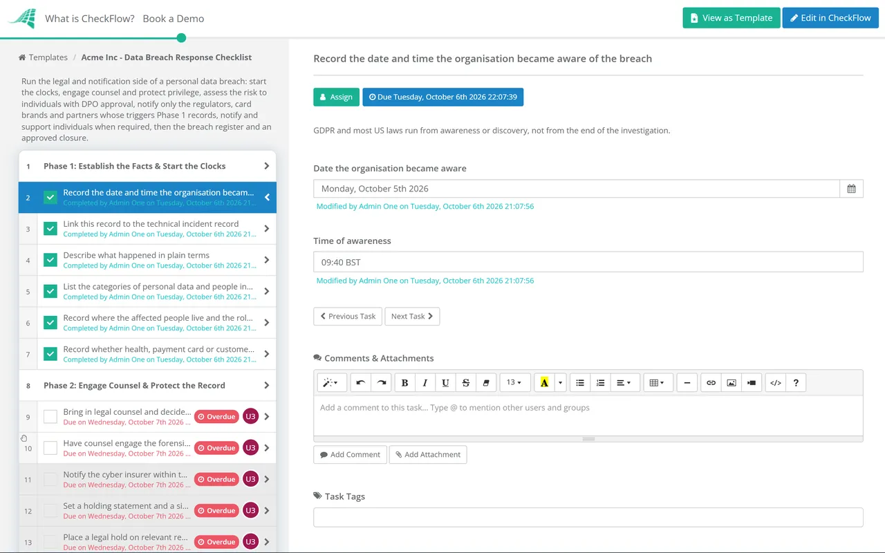 Live demo of the Data Breach Response Checklist in CheckFlow