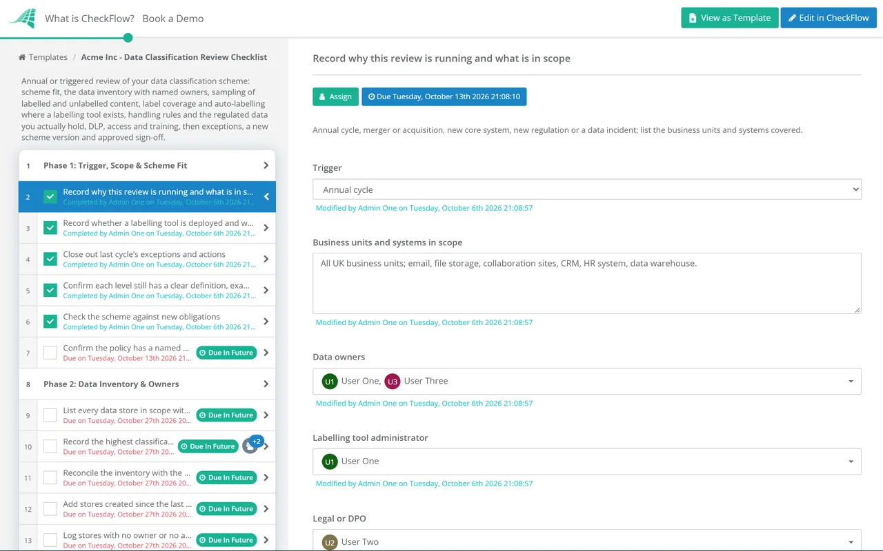 Live demo of the Data Classification Review Checklist in CheckFlow