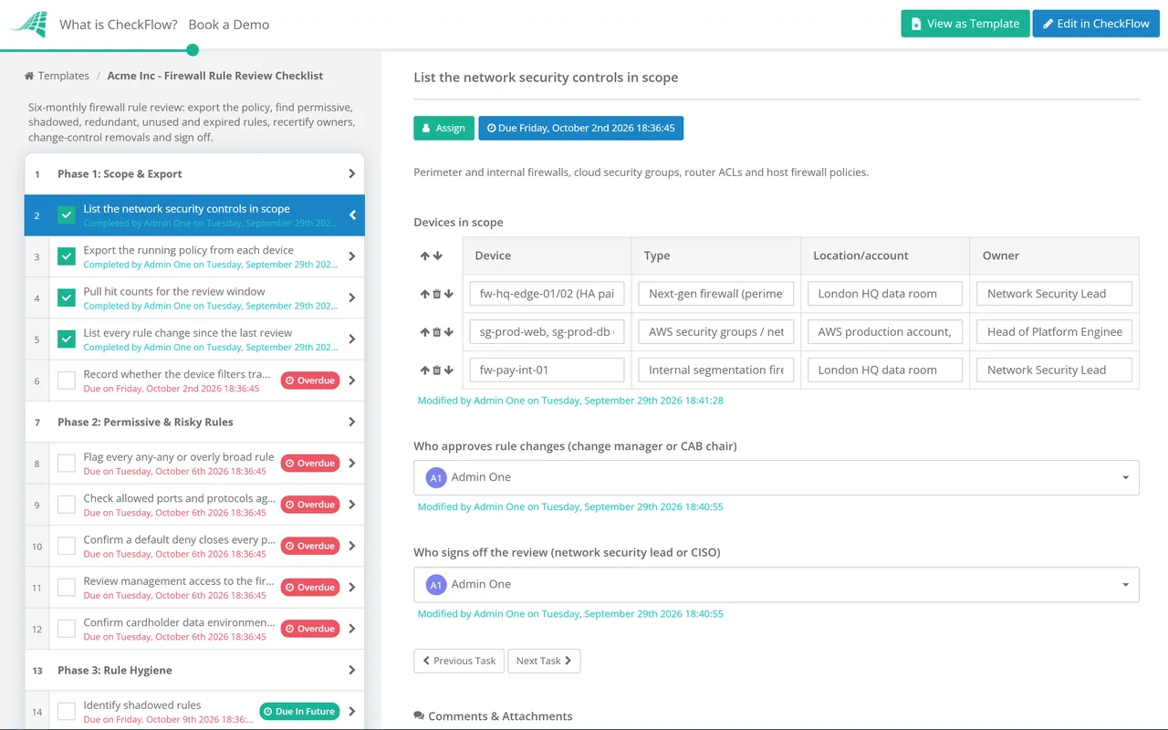 Live demo of the Firewall Rule Review Checklist in CheckFlow