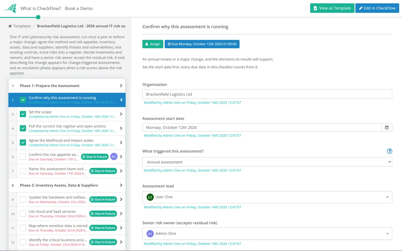 Live demo of the IT Risk Assessment Checklist in CheckFlow
