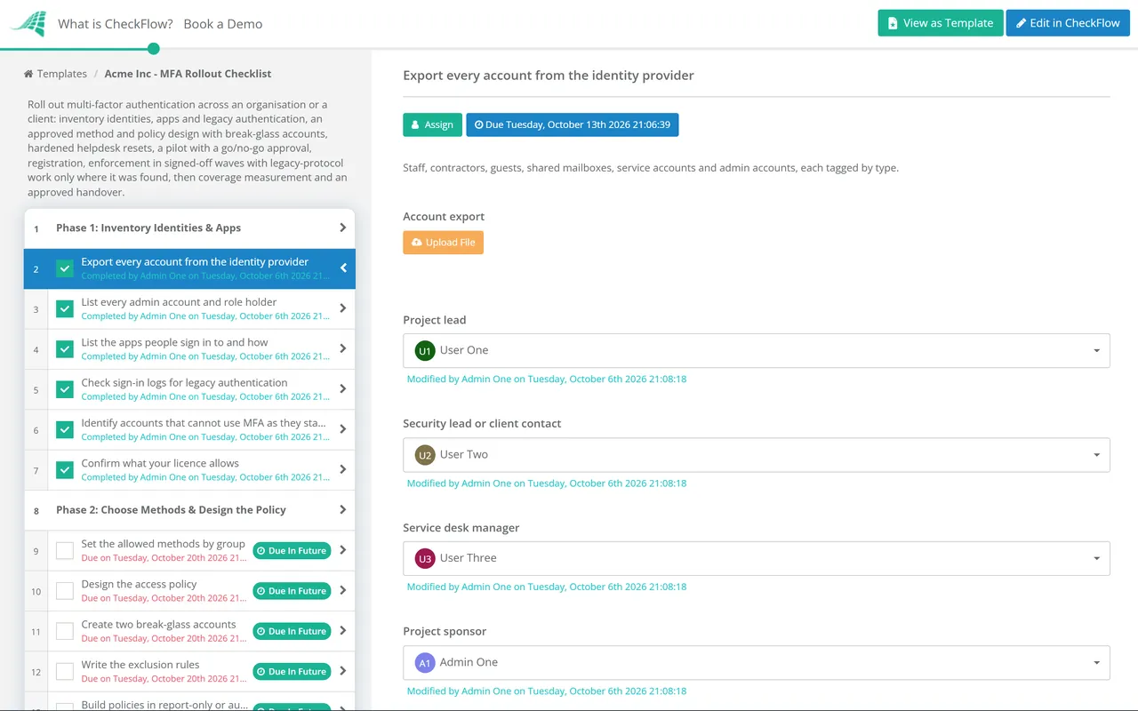 Live demo of the MFA Rollout Checklist in CheckFlow