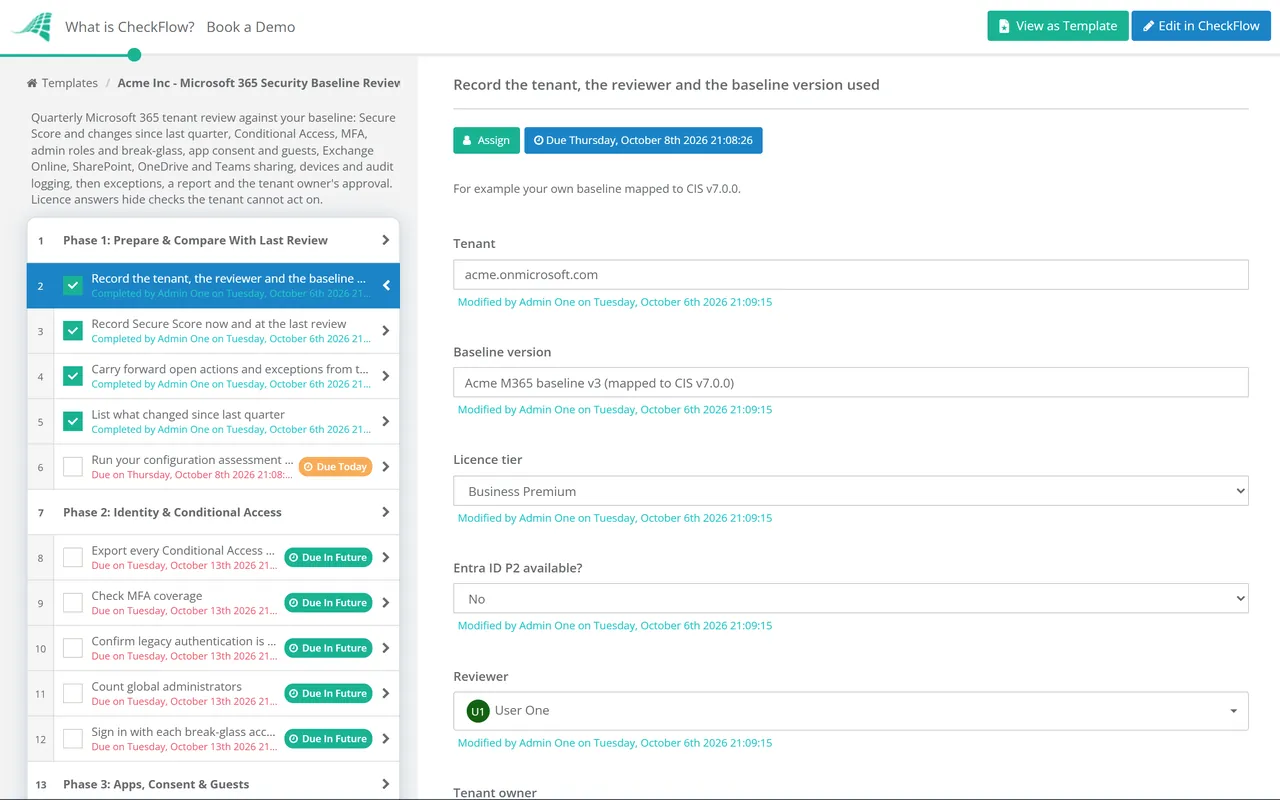 Live demo of the Microsoft 365 Security Baseline Review Checklist in CheckFlow