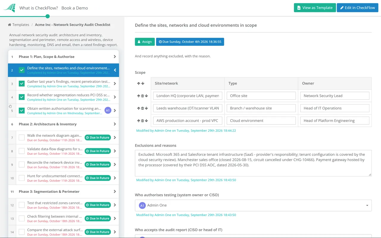 Live demo of the Network Security Audit Checklist in CheckFlow