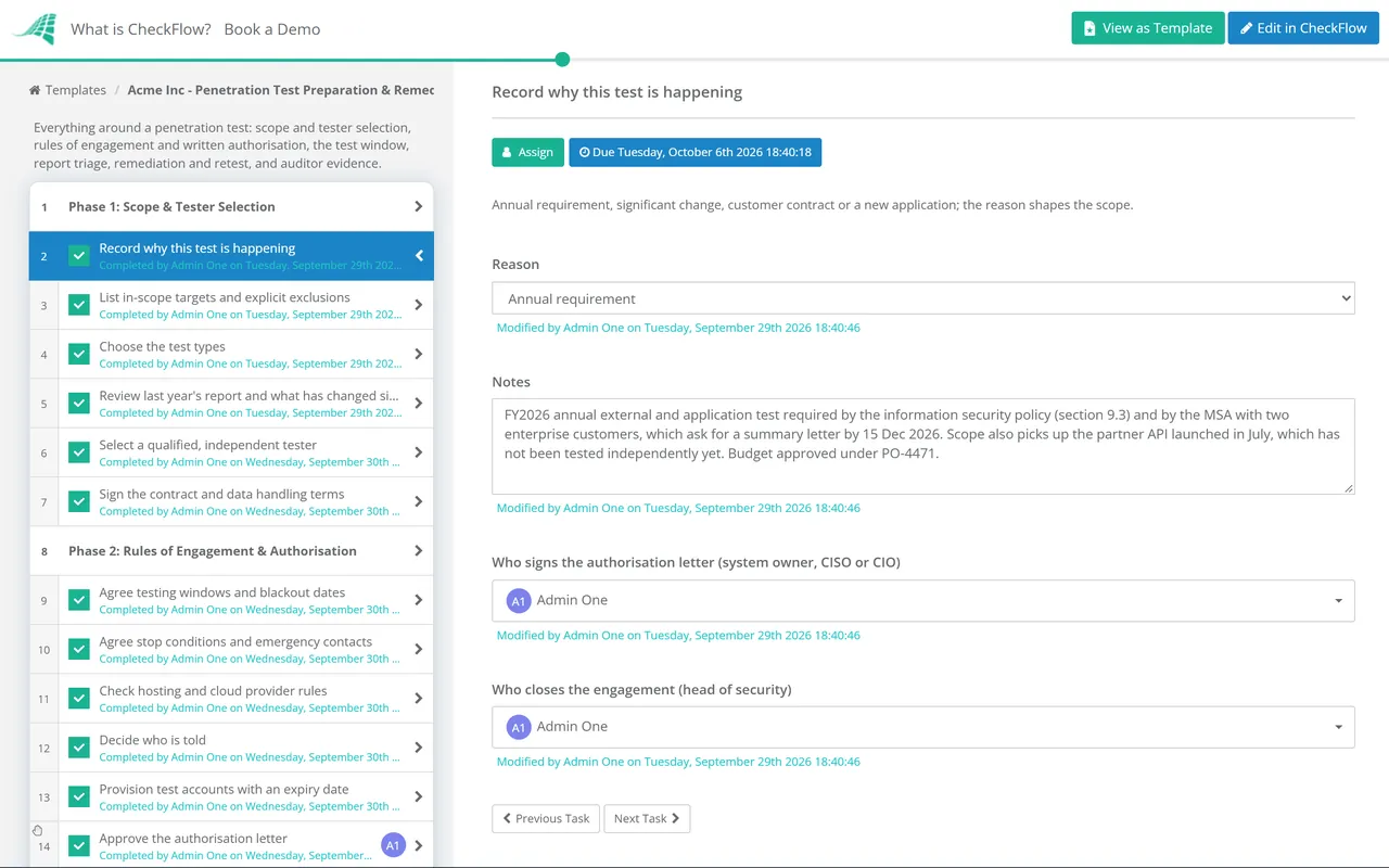 Live demo of the Penetration Test Checklist in CheckFlow