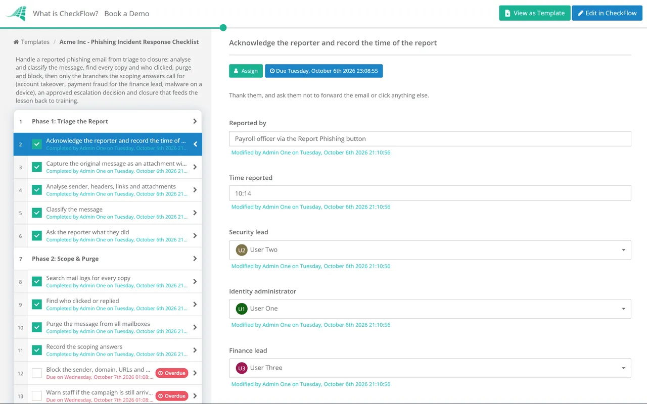 Live demo of the Phishing Incident Response Checklist in CheckFlow