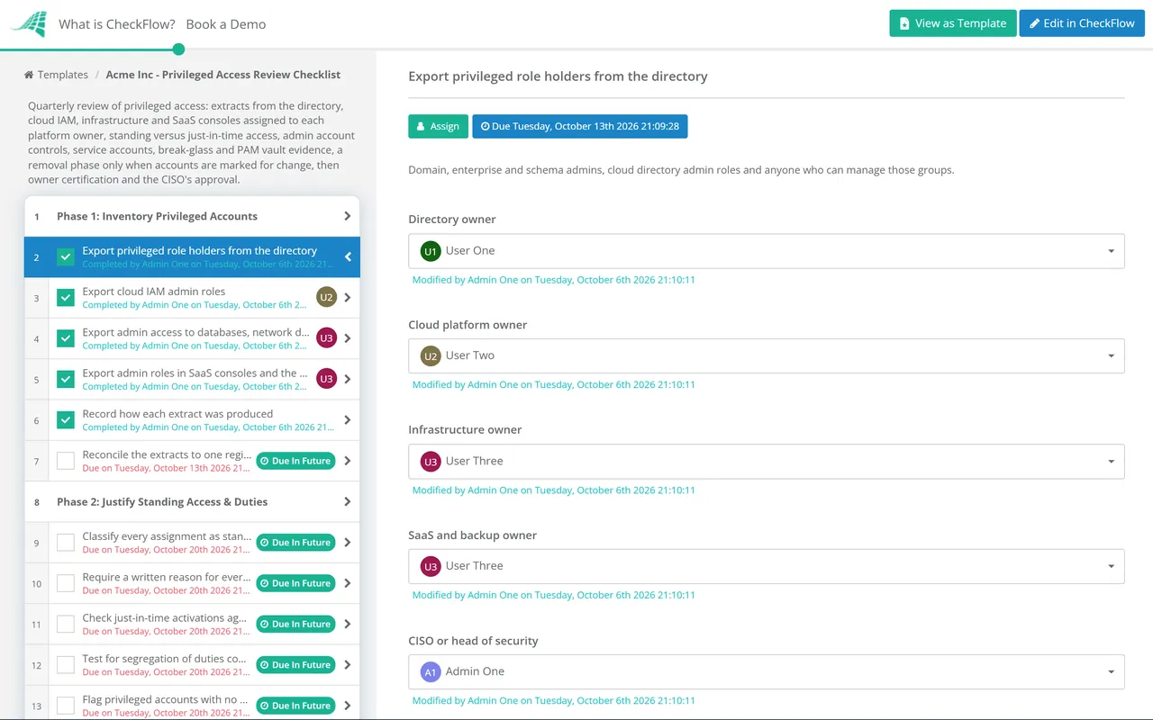 Live demo of the Privileged Access Review Checklist in CheckFlow