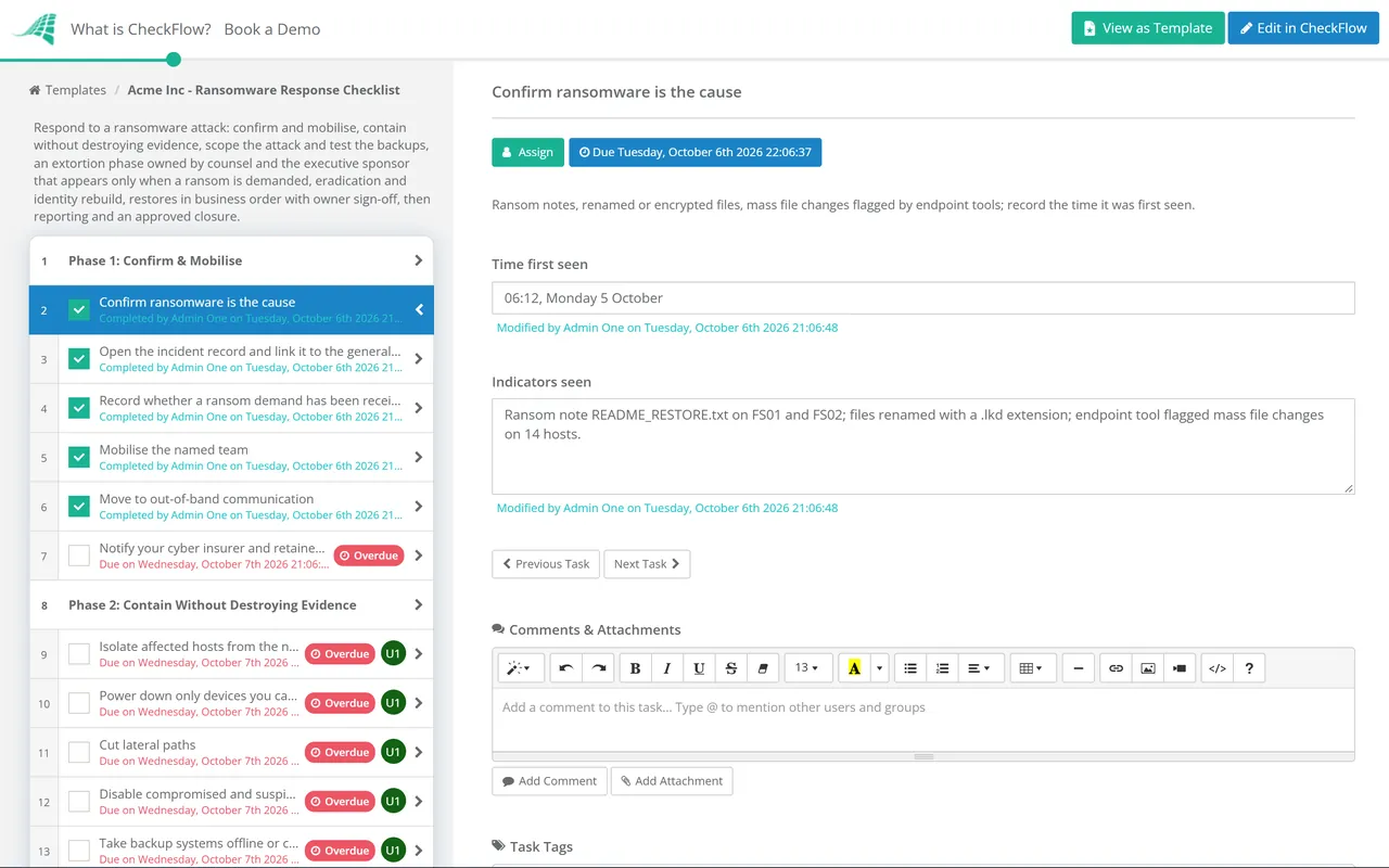 Live demo of the Ransomware Response Checklist in CheckFlow