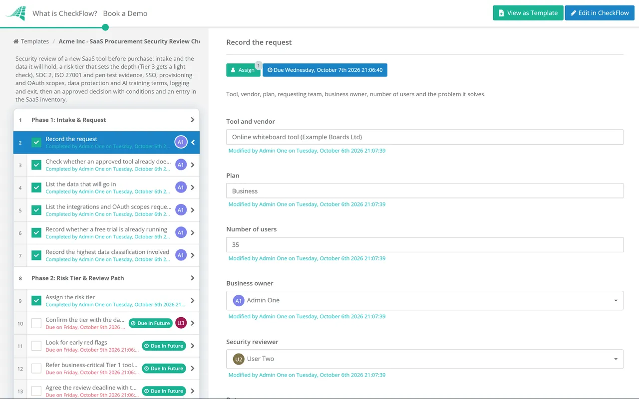 Live demo of the SaaS Procurement Security Review Checklist in CheckFlow