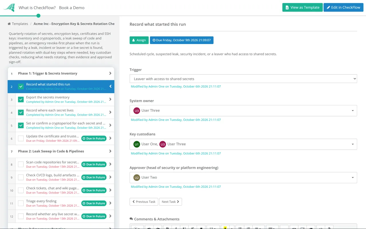 Live demo of the Encryption Key & Secrets Rotation Checklist in CheckFlow