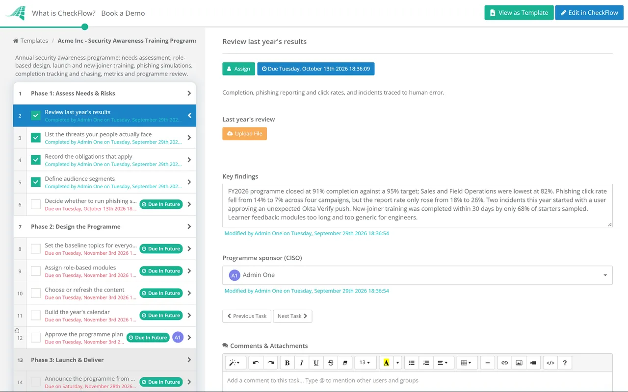 Live demo of the Security Awareness Training Programme Checklist in CheckFlow