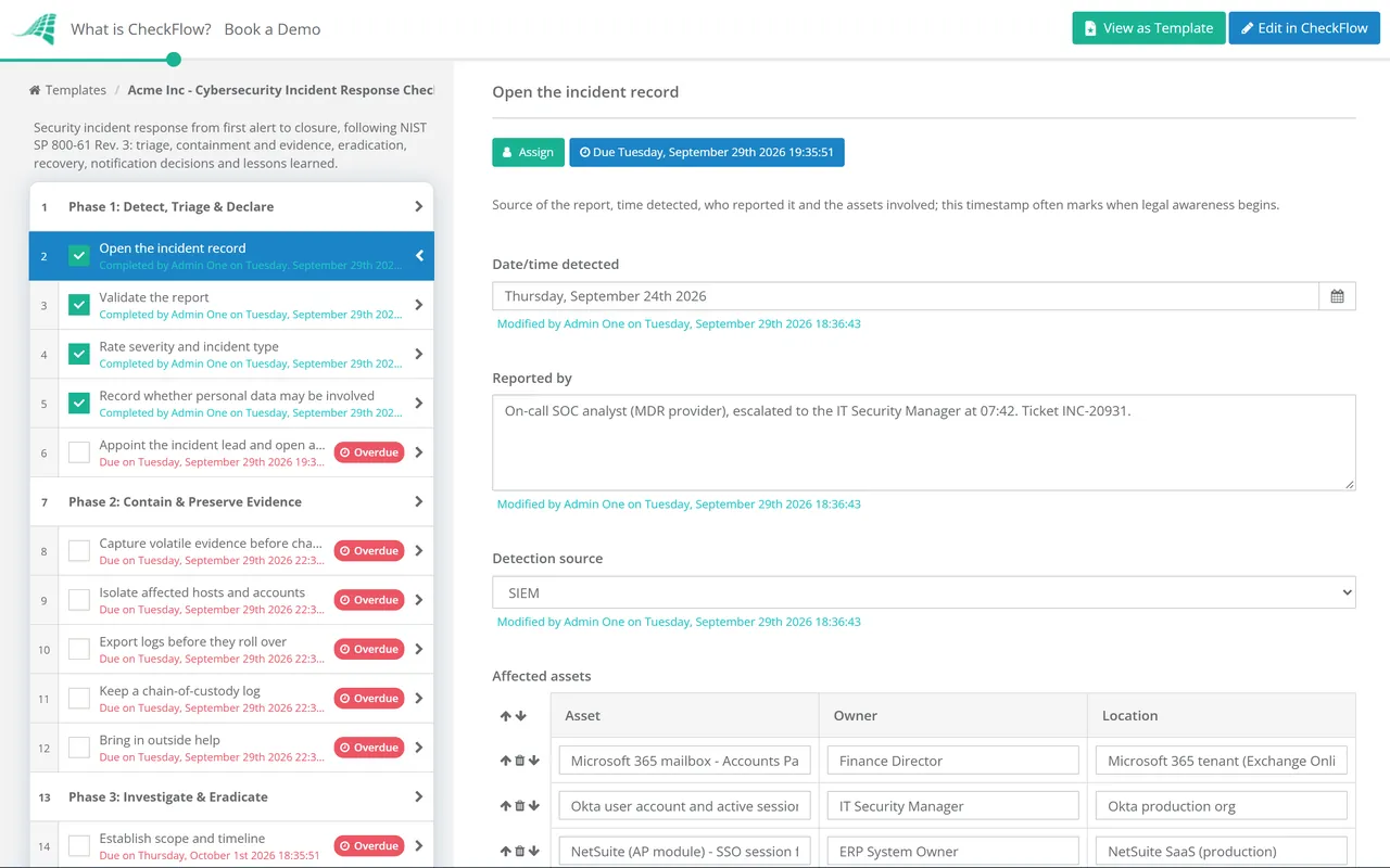 Live demo of the Cybersecurity Incident Response Checklist in CheckFlow