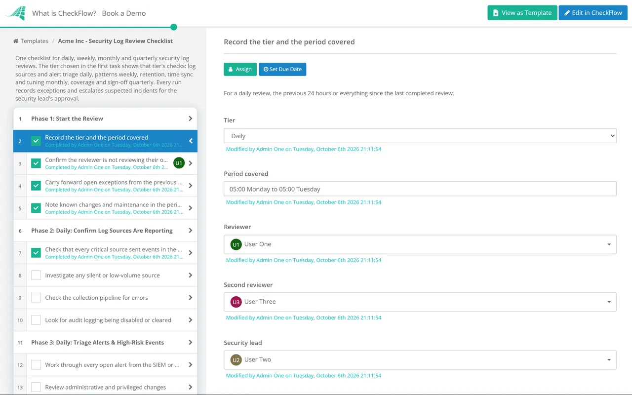 Live demo of the Security Log Review Checklist in CheckFlow