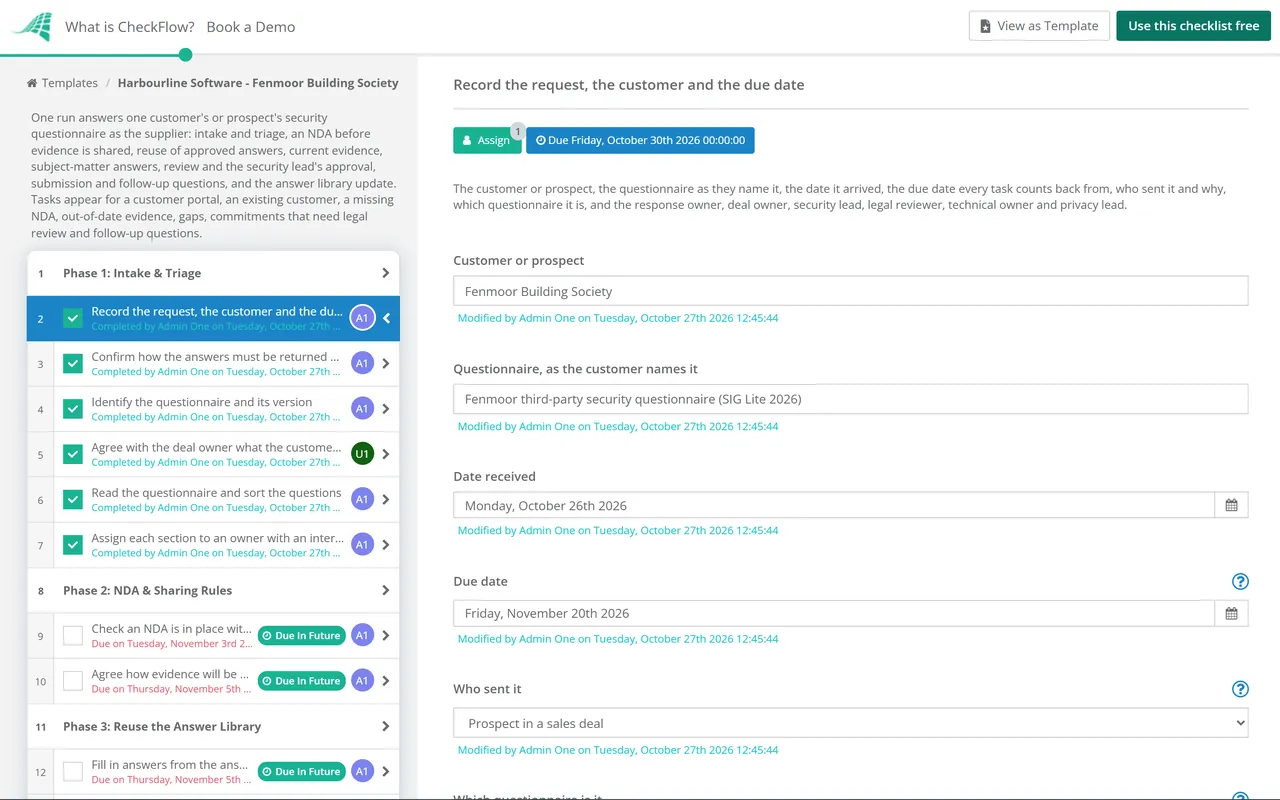 Live demo of the Security Questionnaire Response Checklist in CheckFlow