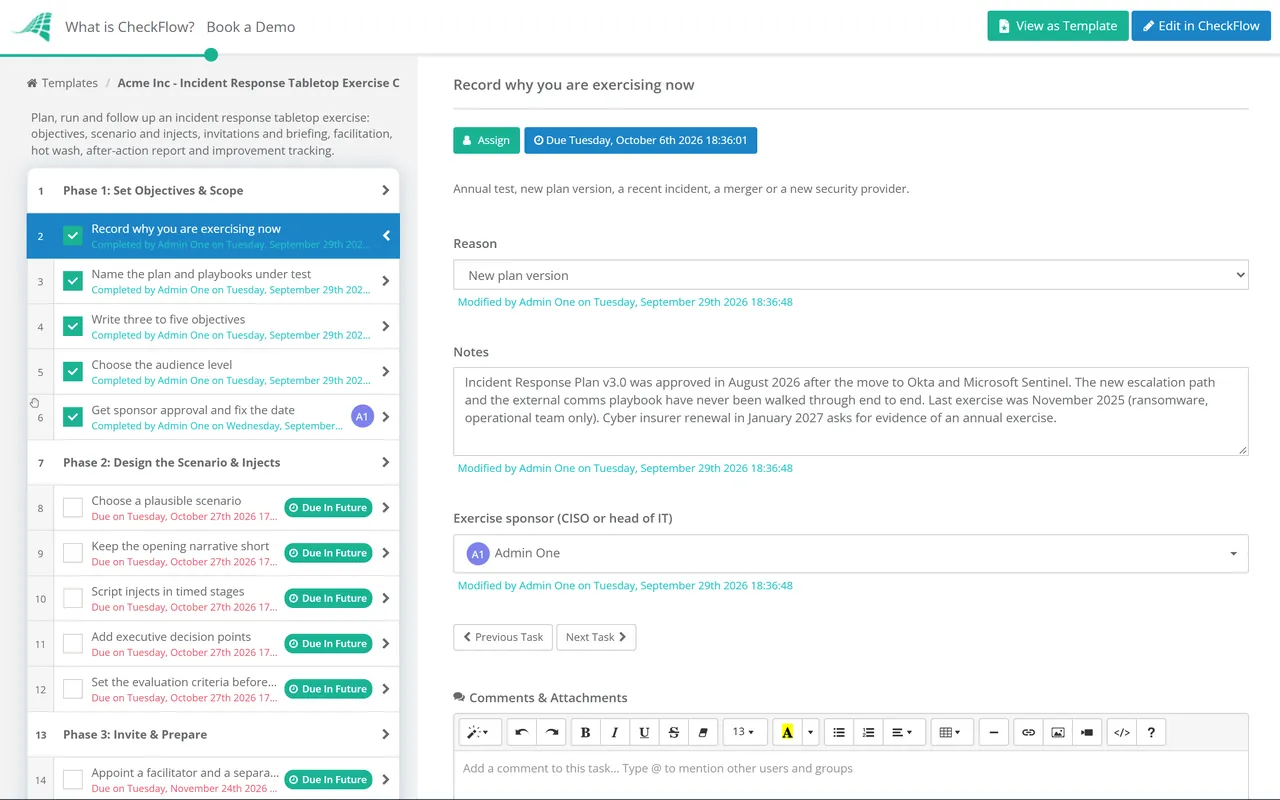 Live demo of the Incident Response Tabletop Exercise Checklist in CheckFlow