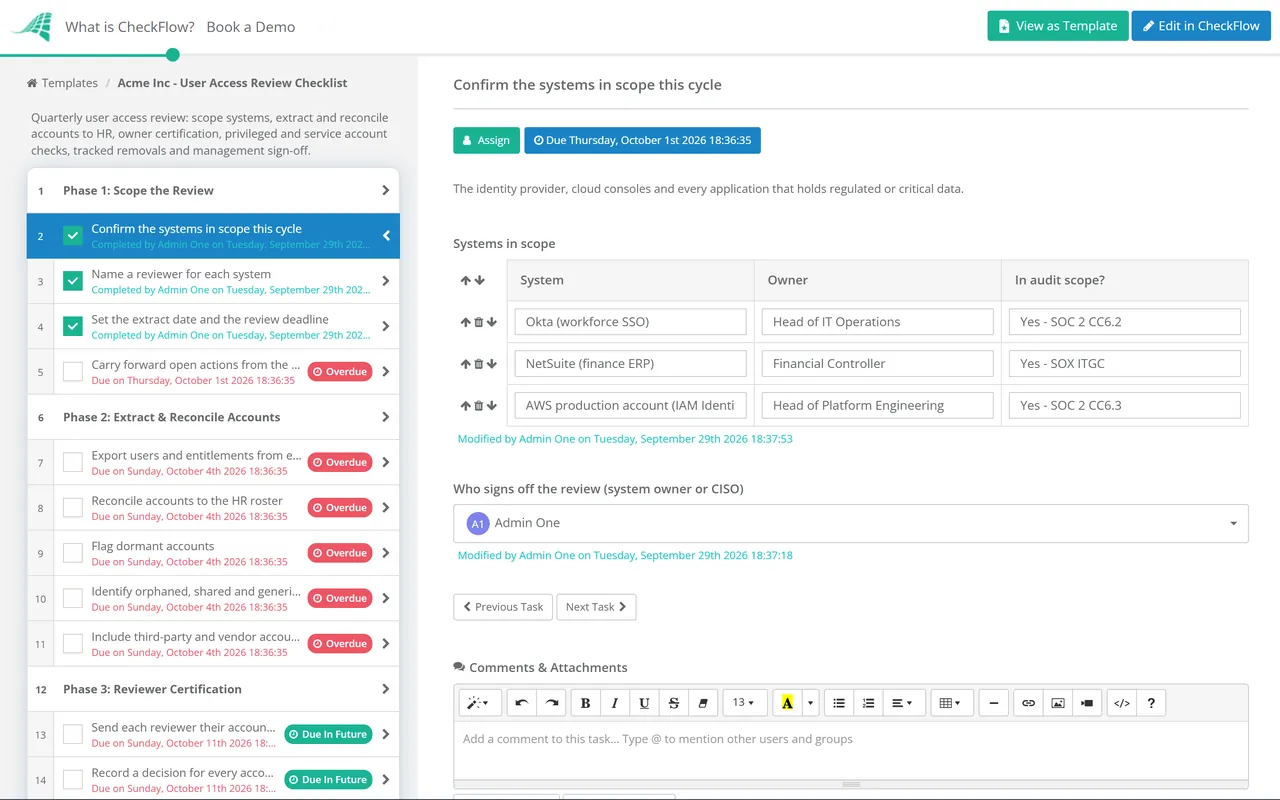 Live demo of the User Access Review Checklist in CheckFlow