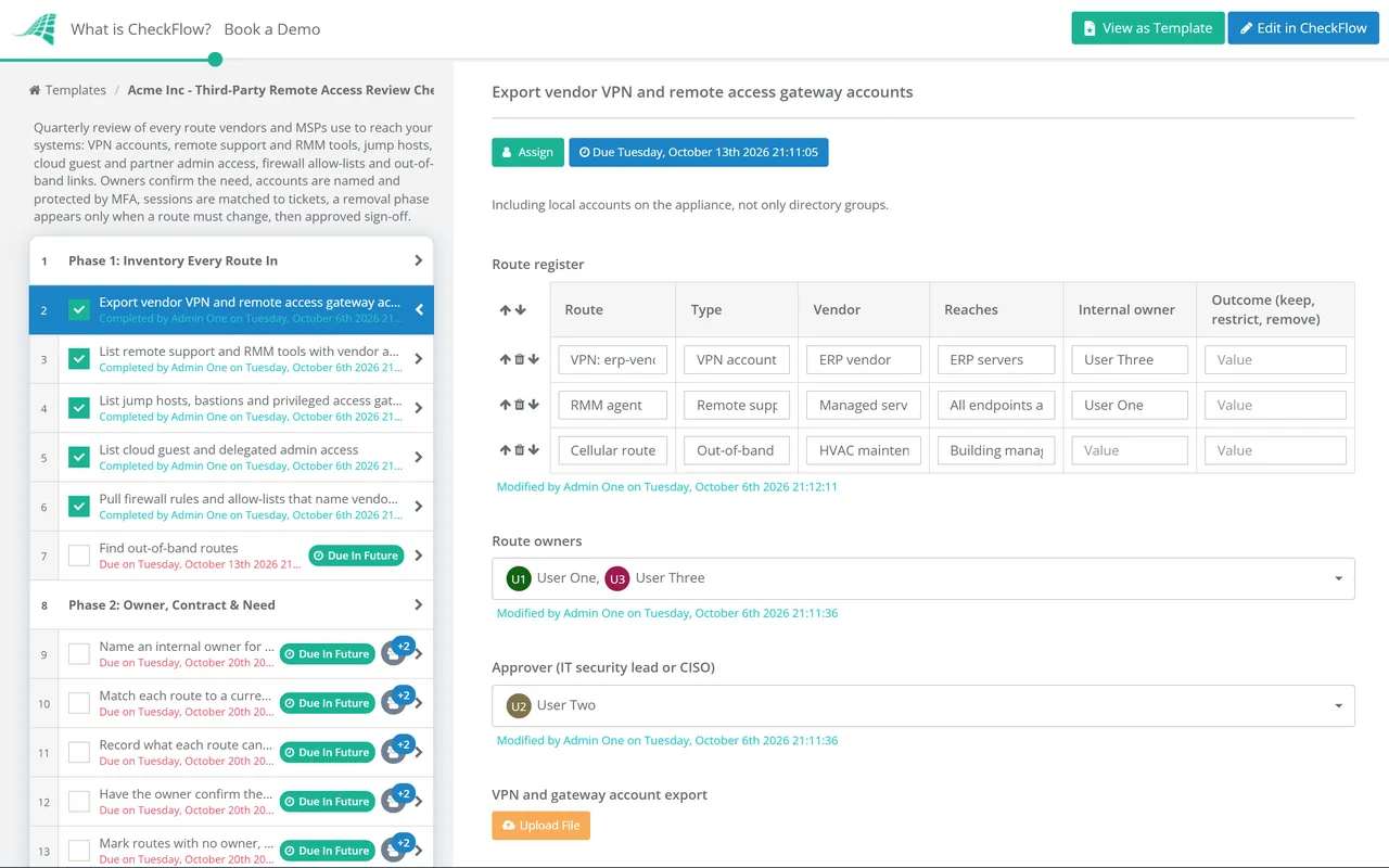Live demo of the Third-Party Remote Access Review Checklist in CheckFlow