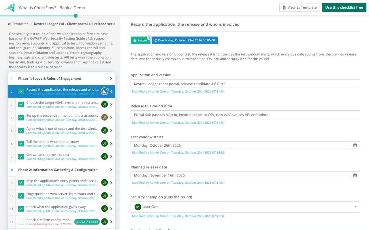 Live demo of the Web Application Security Testing Checklist in CheckFlow