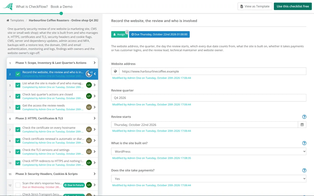 Live demo of the Website Security Checklist in CheckFlow