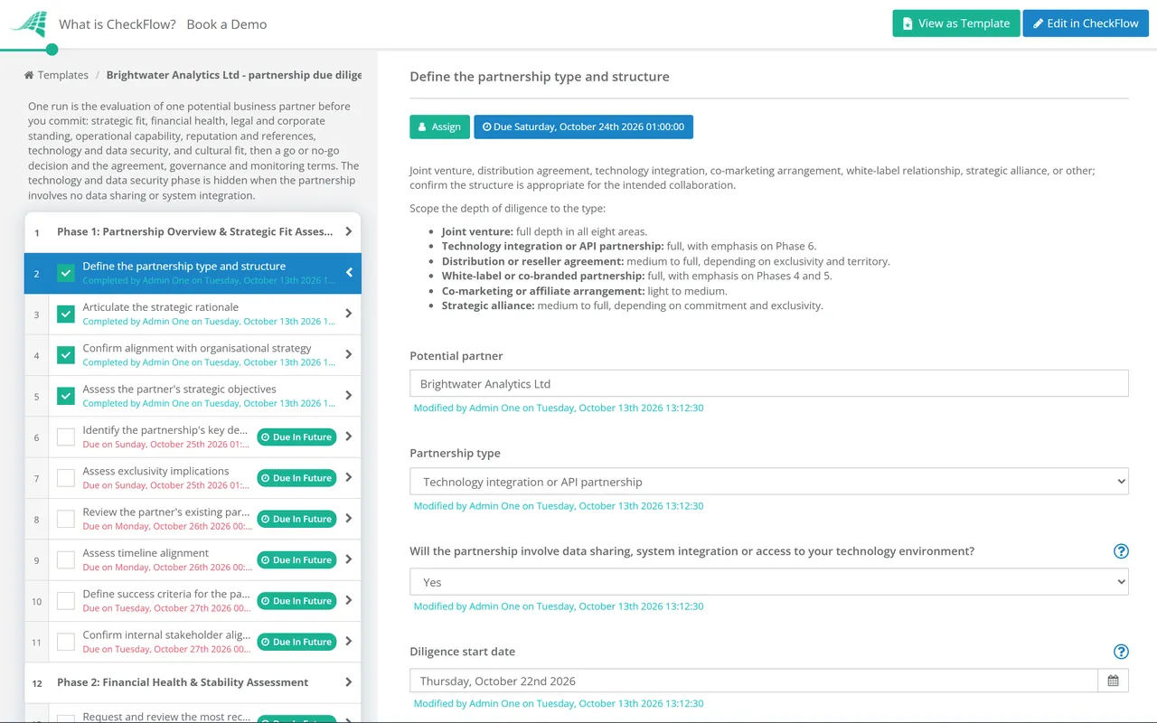Live demo of the Business Partnership Due Diligence Checklist in CheckFlow