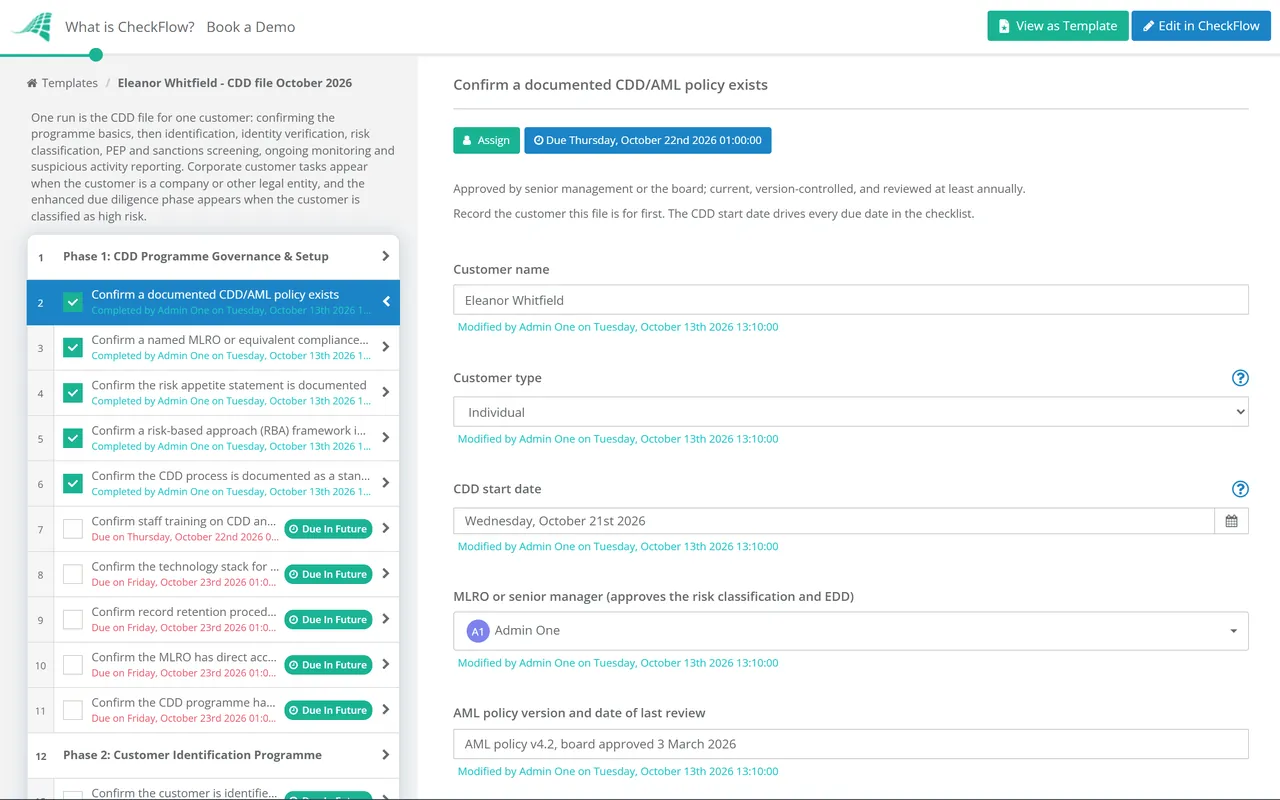 Live demo of the Customer Due Diligence Checklist in CheckFlow