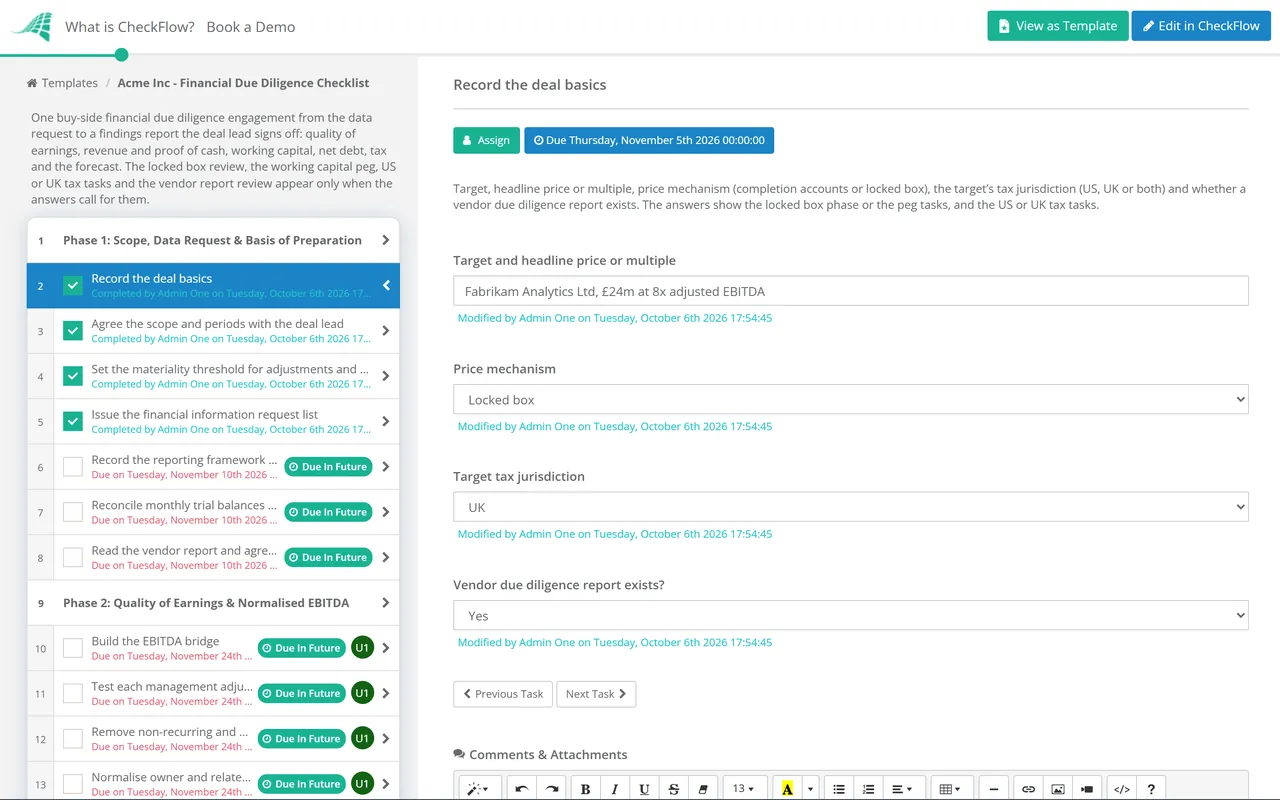 Live demo of the Financial Due Diligence Checklist in CheckFlow