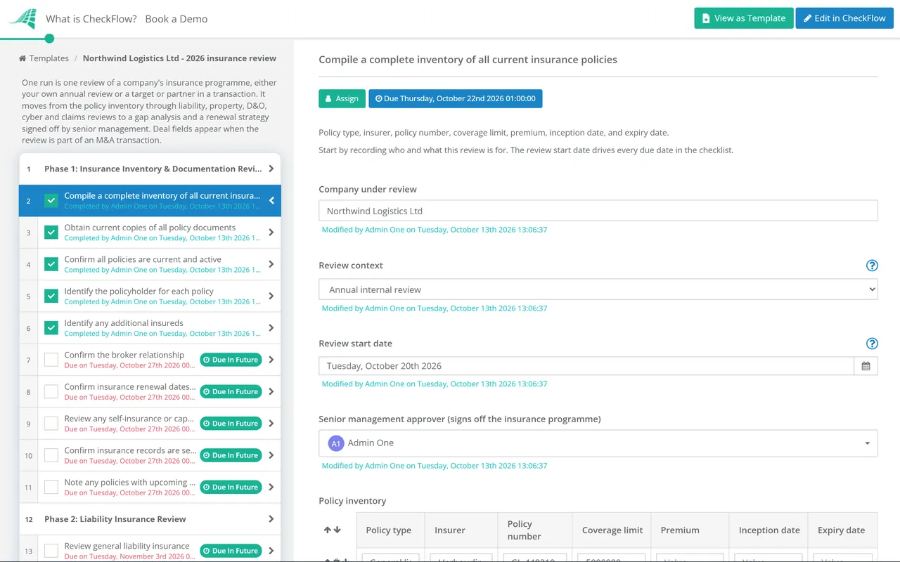 Live demo of the Company Insurance Due Diligence Checklist in CheckFlow