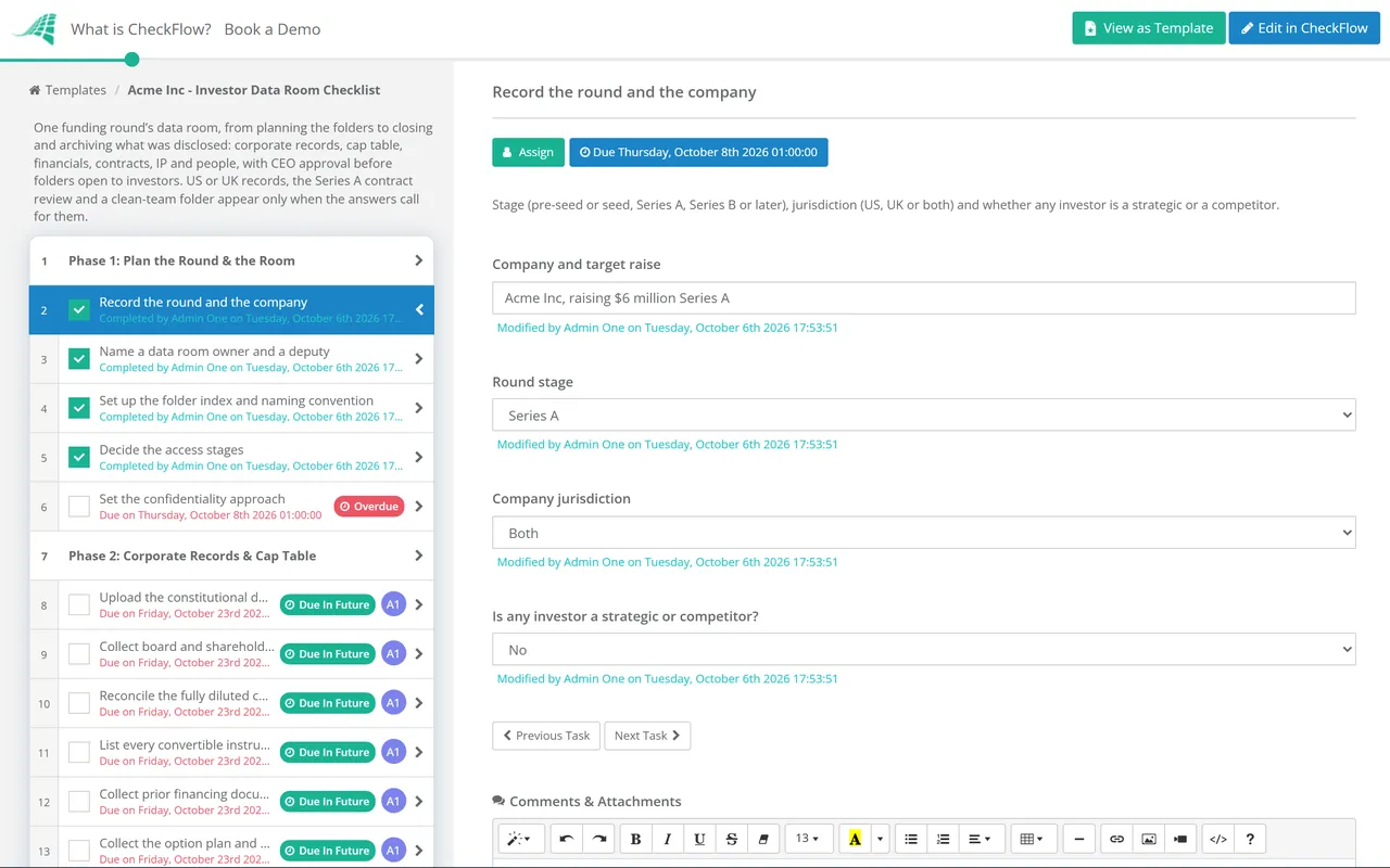 Live demo of the Investor Data Room Checklist in CheckFlow