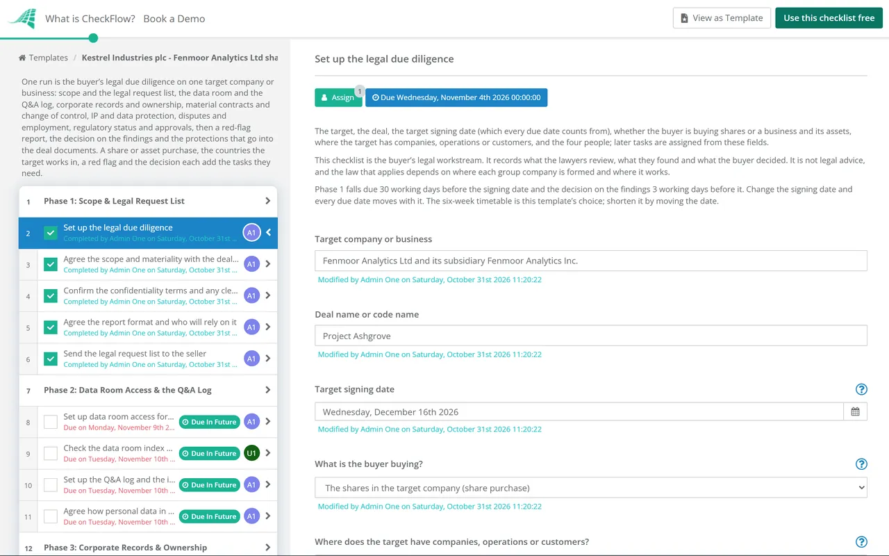 Live demo of the Legal Due Diligence Checklist in CheckFlow