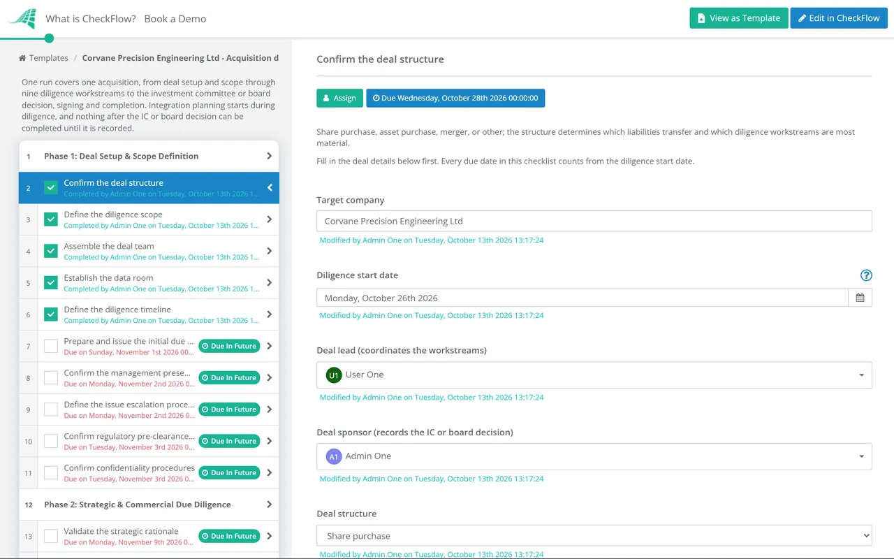 Live demo of the M&A Due Diligence Checklist in CheckFlow
