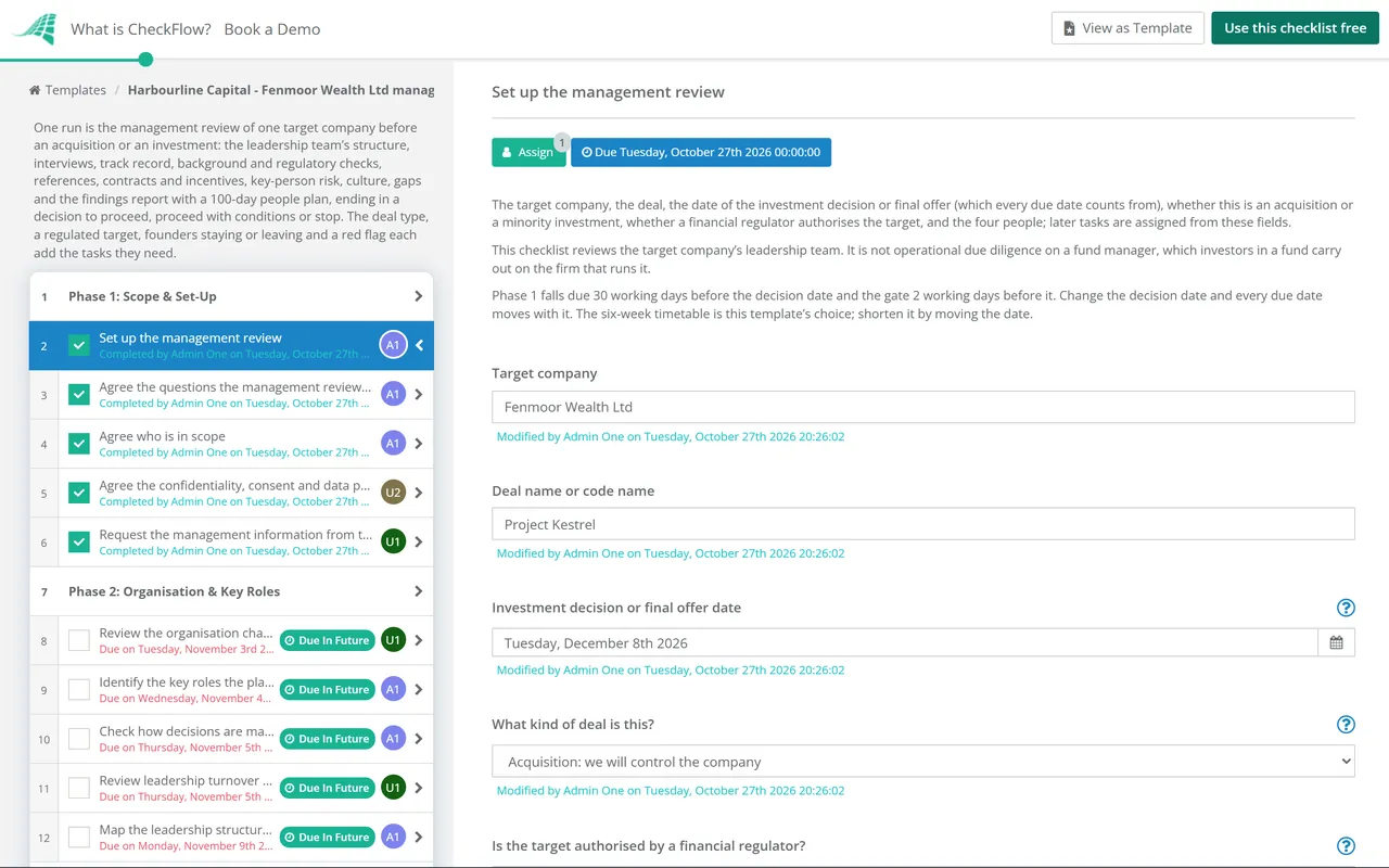 Live demo of the Management Due Diligence Checklist in CheckFlow
