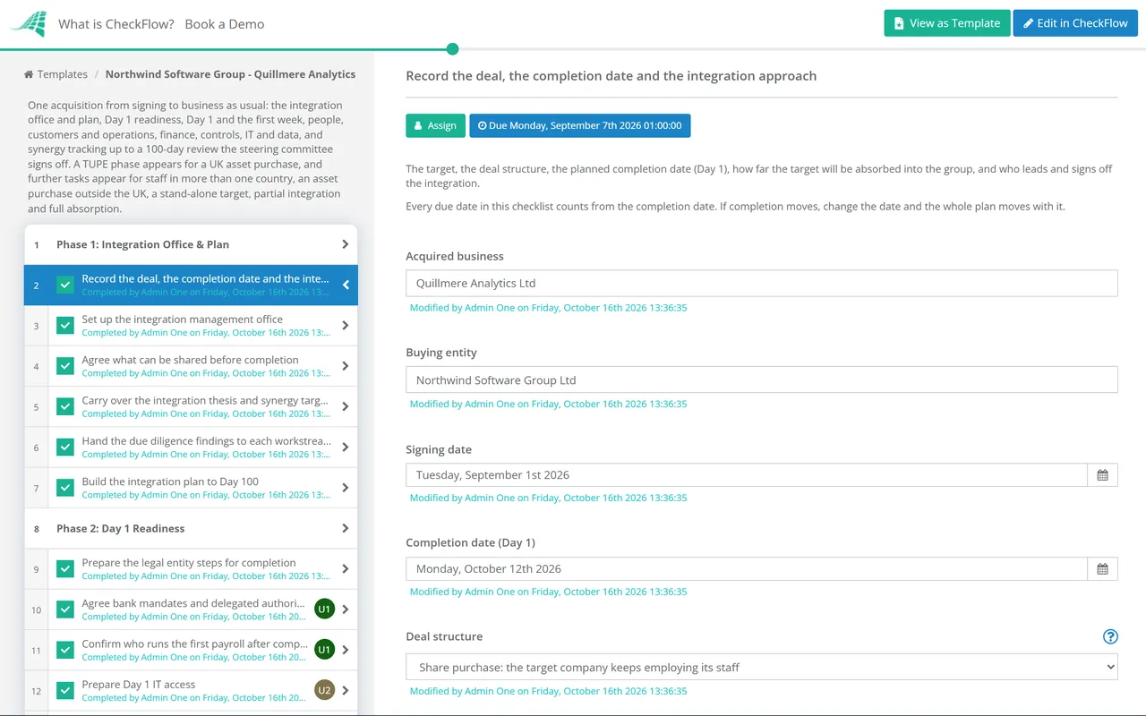 Live demo of the Post-Merger Integration Checklist in CheckFlow