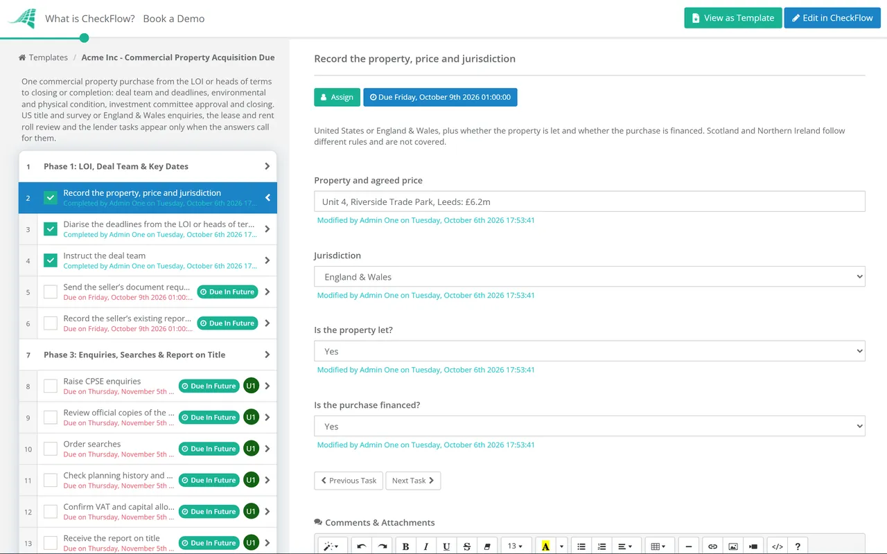Live demo of the Commercial Property Acquisition Due Diligence Checklist in CheckFlow