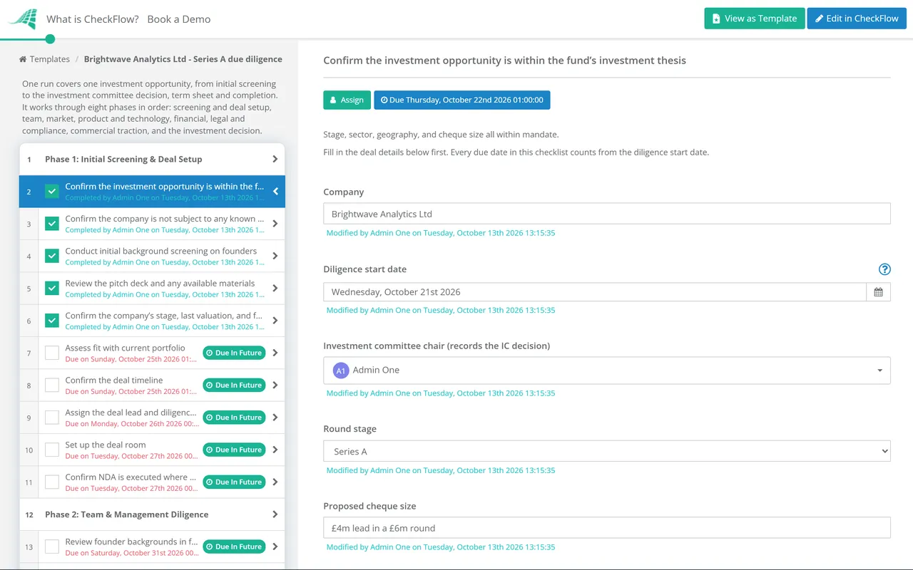 Live demo of the Venture Capital Due Diligence Checklist in CheckFlow