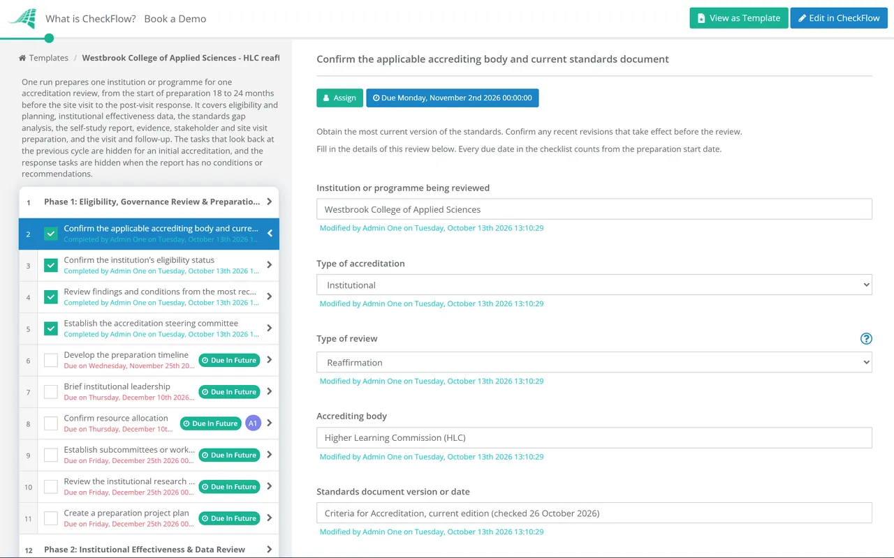 Live demo of the Education Accreditation Preparation Checklist in CheckFlow