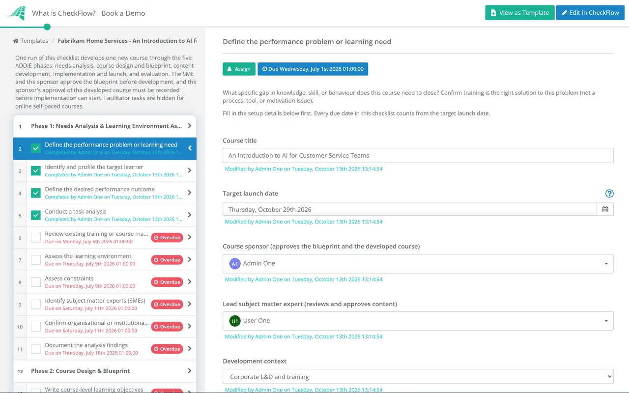 Live demo of the New Course Development Checklist in CheckFlow