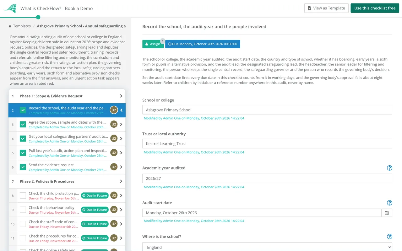 Live demo of the School Safeguarding Audit Checklist in CheckFlow