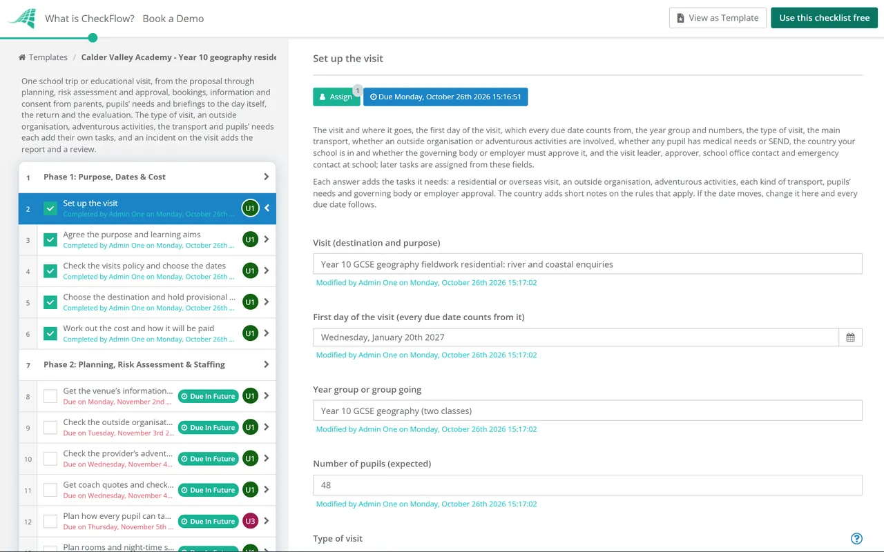 Live demo of the School Trip Planning Checklist in CheckFlow