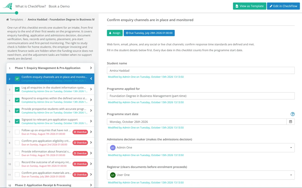 Live demo of the Student Enrolment Process Checklist in CheckFlow